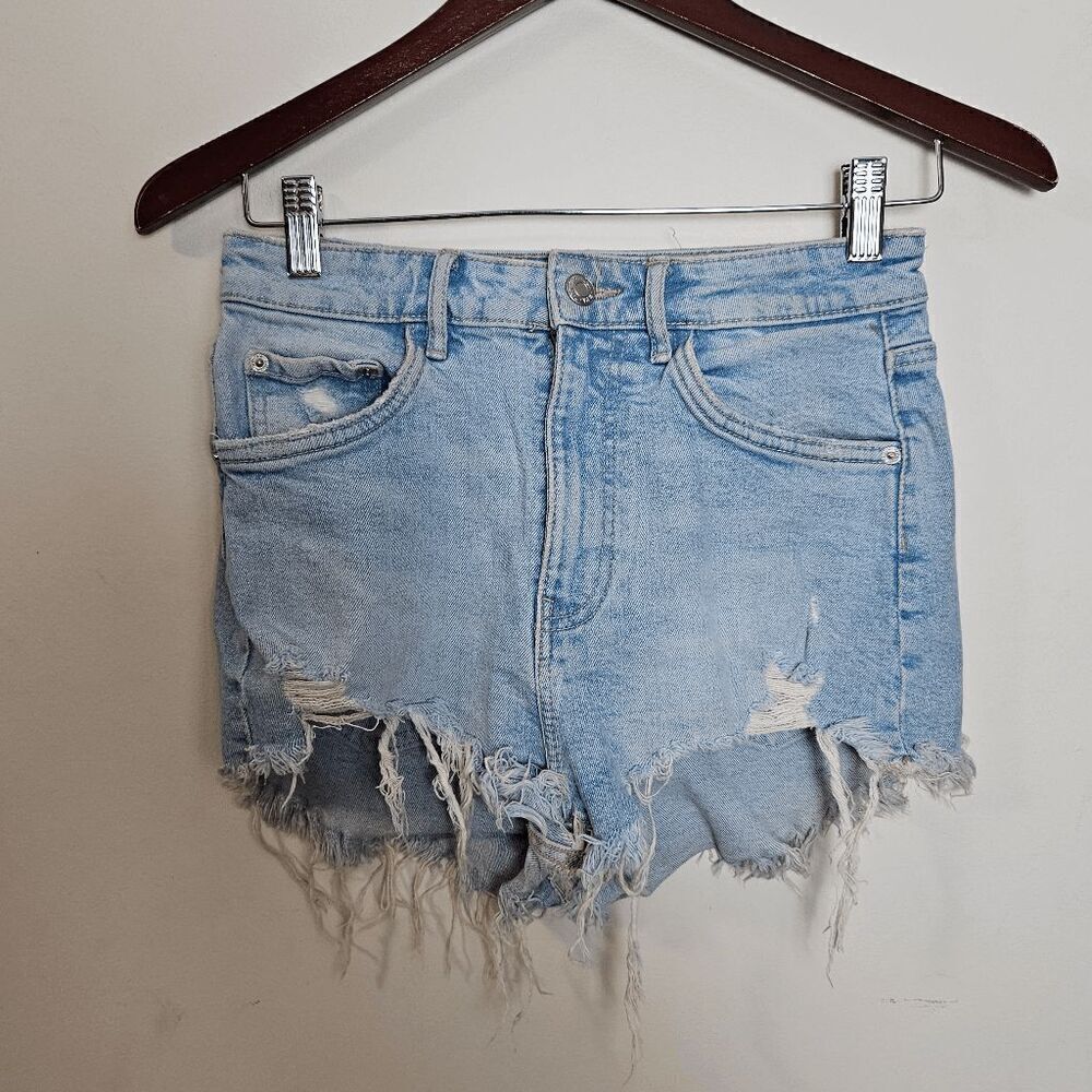 Zara High Rise Frayed Denim Stretch Short Women's Blue Size 4